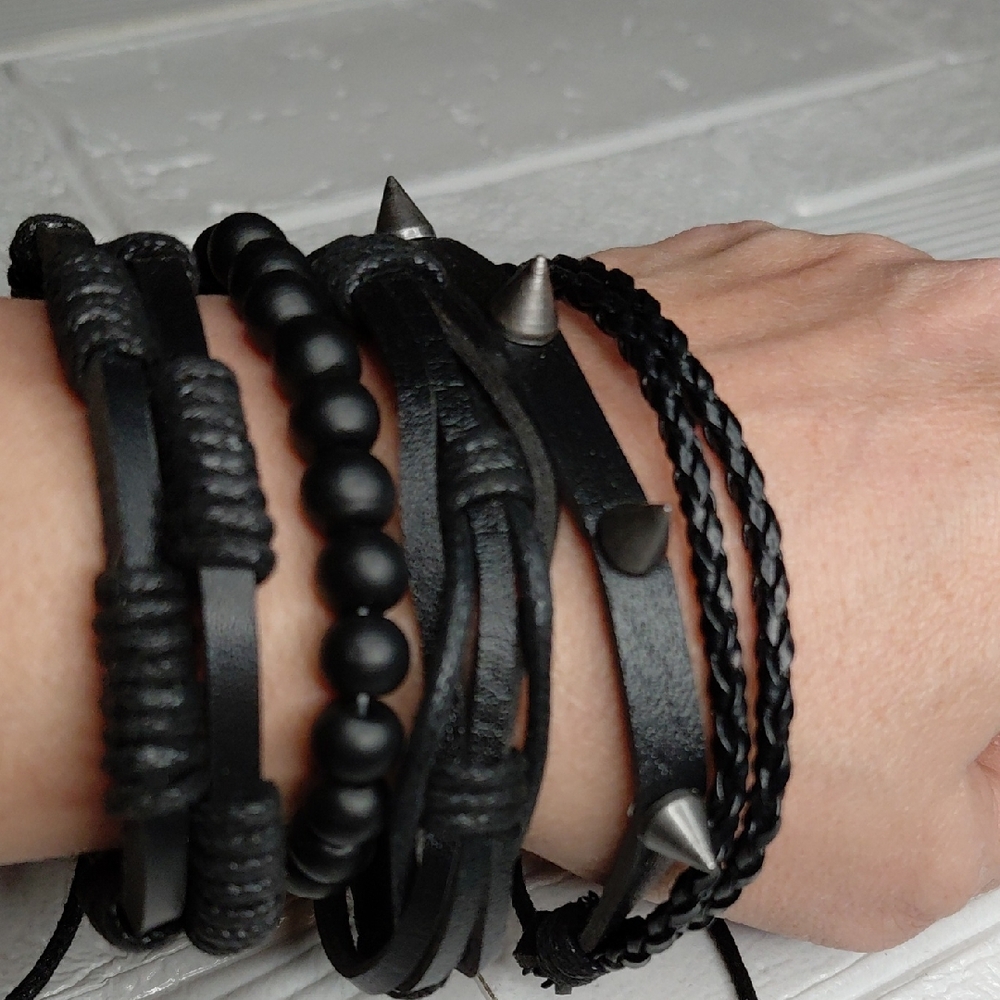 Black Leather Look Bracelet Set for Men Or Women